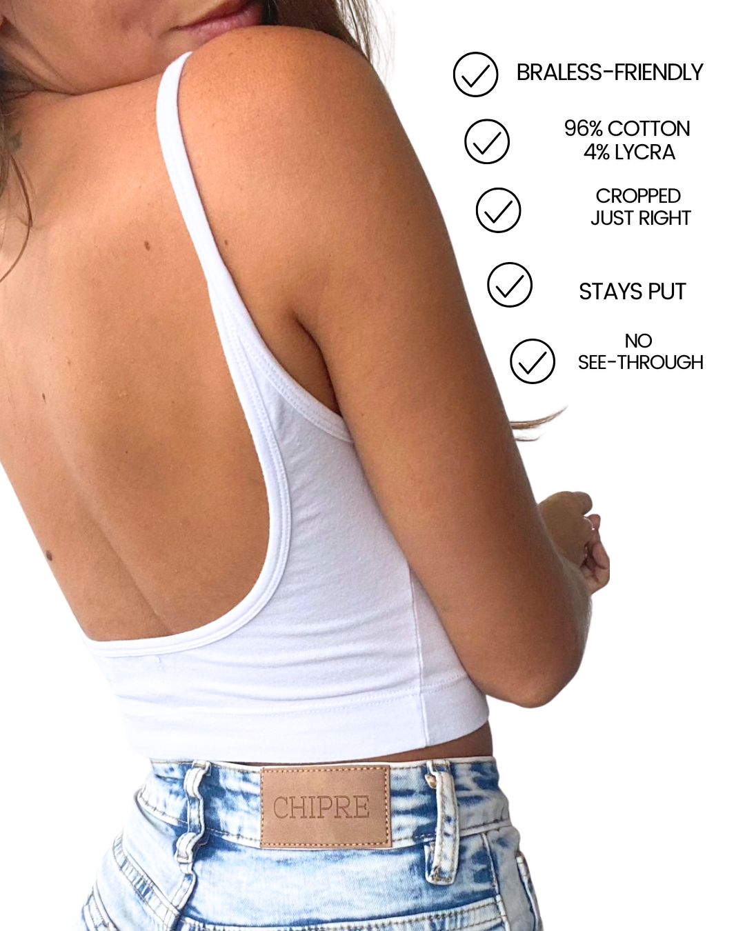 Hebe White Backless Crop Tank Top