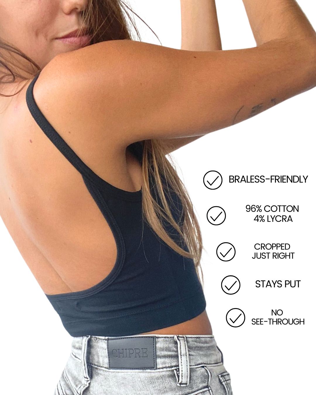 Hebe Black Backless Crop Tank Top