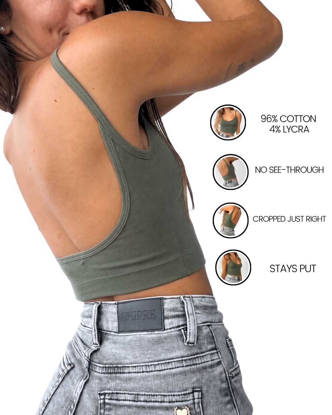 Hebe Olive Backless Crop Tank Top