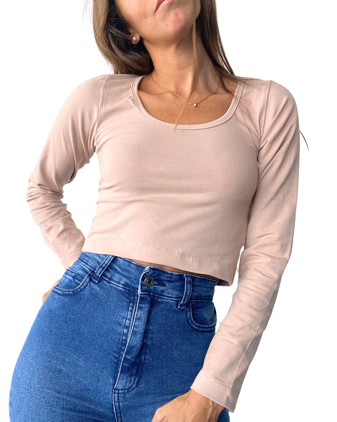 Atenea Beige Long Sleeve Crop Top - Chipre Basic Denim