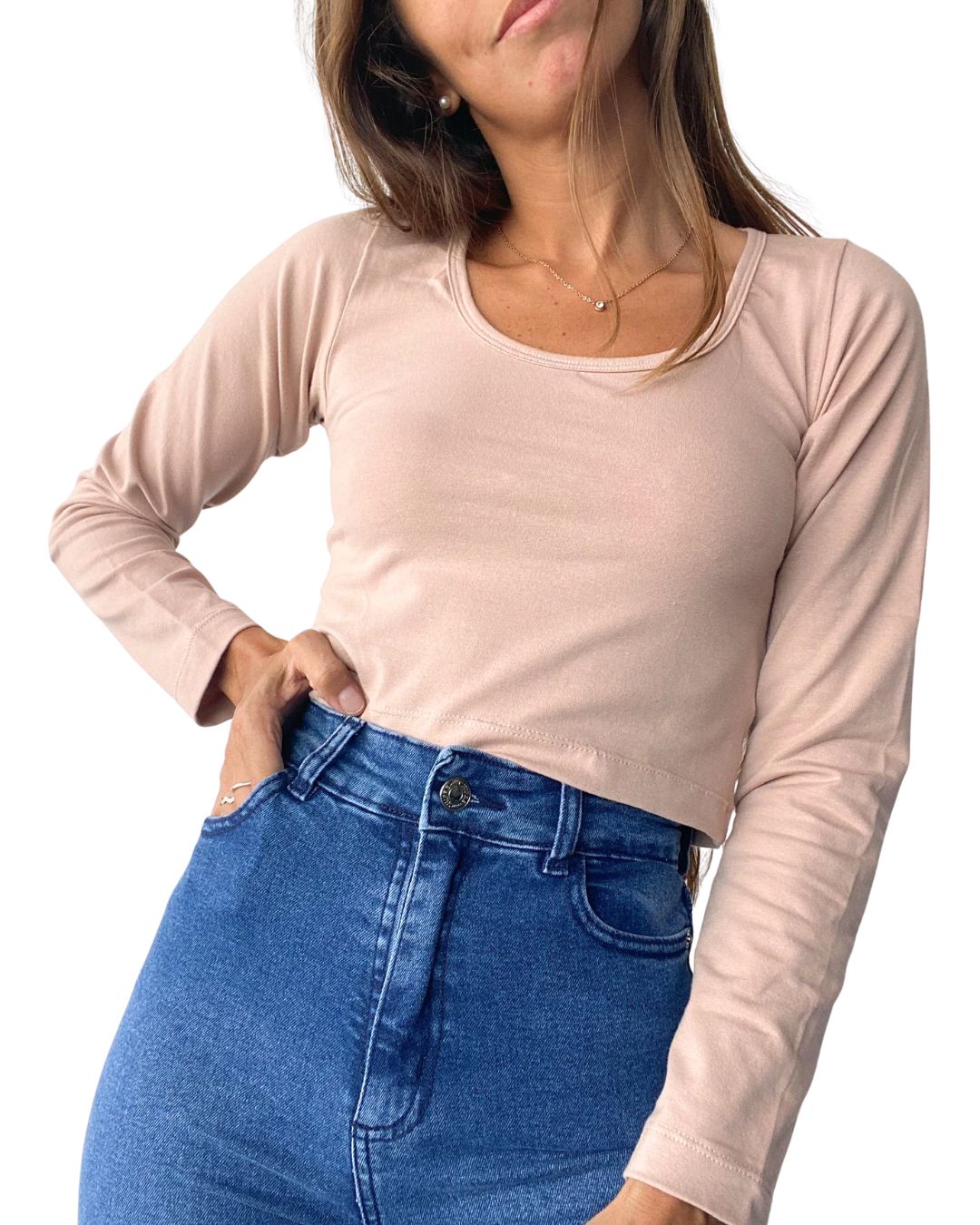 Atenea Beige Long Sleeve Crop Top - Chipre Basic Denim