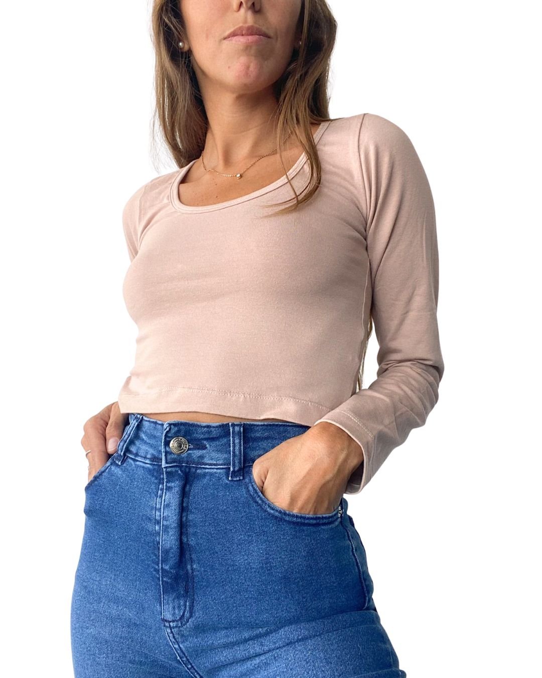 Atenea Beige Long Sleeve Crop Top - Chipre Basic Denim