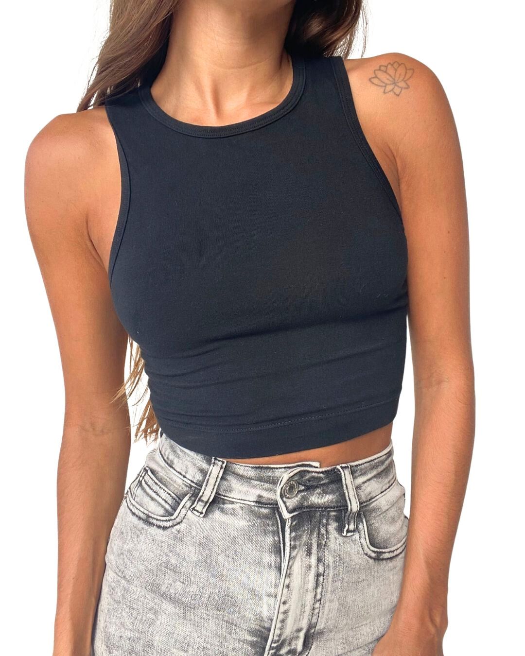 Gaia Black Crop Tank Top - Chipre Basic Denim