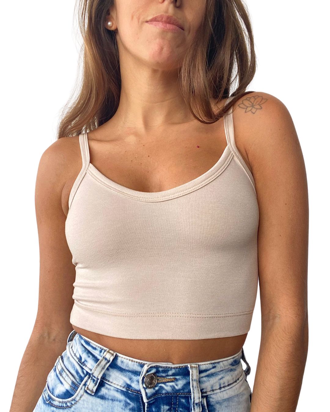 Hebe Beige Backless Crop Tank Top - Chipre Basic Denim