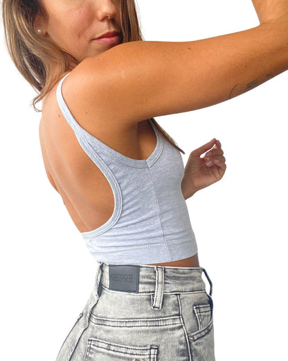 Hebe Grey Backless Crop Tank Top - Chipre Basic Denim